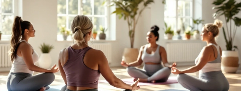 Diverse vrouwen volgen een ontspannende les op paarse Curves-matten in een lichte fitnessstudio, begeleid door een coach in Curves-sportkleding.