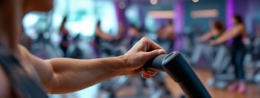 Vrouwenhand op hydraulisch weerstandsapparaat bij Curves-fitnesscircuit met paarse en turkooizen verlichting. Andere vrouwen trainen in een uitnodigende, moderne omgeving.