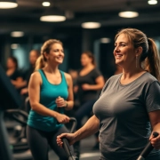 Twee 50+ vrouwen trainen op hydraulische fitnessapparatuur in een warme Curves-ruimte, begeleid door een coach in een uitnodigende, niet-intimiderende omgeving.