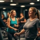 Twee 50+ vrouwen trainen op hydraulische fitnessapparatuur in een warme Curves-ruimte, begeleid door een coach in een uitnodigende, niet-intimiderende omgeving.