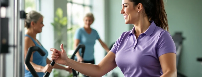 Diverse vrouwen trainen op hydraulische weerstandsmachines in een lichte, moderne fitnessstudio terwijl een coach begeleiding biedt in een uitnodigende, groene omgeving.