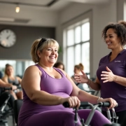 Vrouwen doen core-oefeningen met hydraulische apparatuur in lichte Curves fitnessruimte tijdens circuittraining sessie