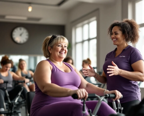 Vrouwen doen core-oefeningen met hydraulische apparatuur in lichte Curves fitnessruimte tijdens circuittraining sessie