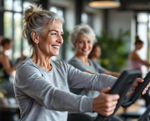 Twee 60+ vrouwen van diverse etniciteiten trainen samen aan hydraulische krachtapparatuur in een lichte fitnessstudio, begeleid door een coach in een warme, veilige sfeer.