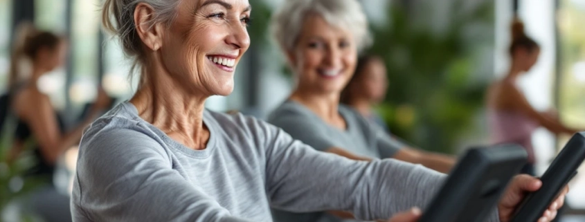 Twee 60+ vrouwen van diverse etniciteiten trainen samen aan hydraulische krachtapparatuur in een lichte fitnessstudio, begeleid door een coach in een warme, veilige sfeer.