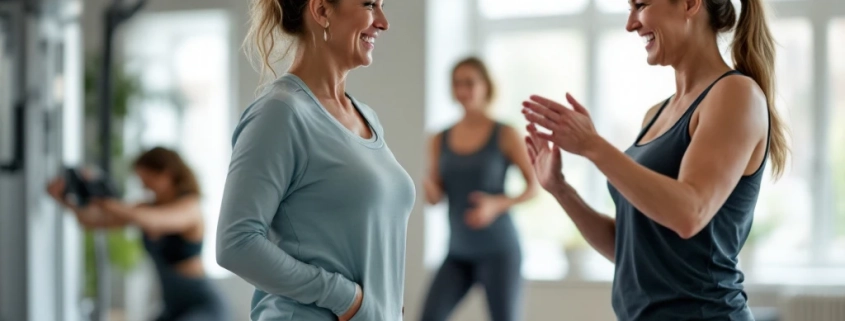 Senioren vrouwen trainen op hydraulische fitnessapparatuur in cirkelopstelling, begeleid door coach in vrouwvriendelijke ruimte met zachte verlichting en motiverende sfeer.