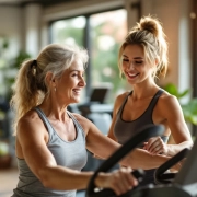 Vrouw traint haar bovenlichaam op hydraulische fitnessapparatuur terwijl een coach aanwijzingen geeft in een lichte, moderne sportschool met groene accenten.