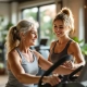 Vrouw traint haar bovenlichaam op hydraulische fitnessapparatuur terwijl een coach aanwijzingen geeft in een lichte, moderne sportschool met groene accenten.