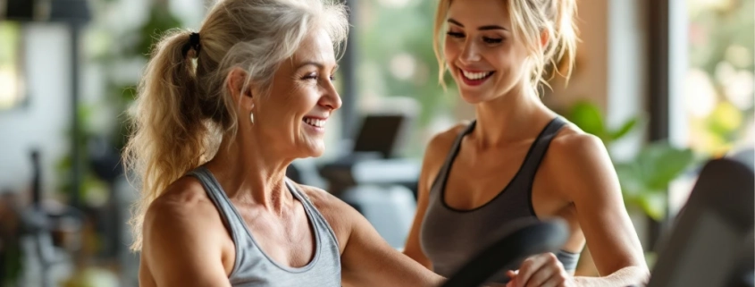 Vrouw traint haar bovenlichaam op hydraulische fitnessapparatuur terwijl een coach aanwijzingen geeft in een lichte, moderne sportschool met groene accenten.