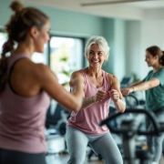 Vrouwen (50+) trainen samen in een uitnodigende fitnessruimte met hydraulische apparatuur in cirkelopstelling. Een coach begeleidt vriendelijk een deelnemer in een warme, paars-groene omgeving.