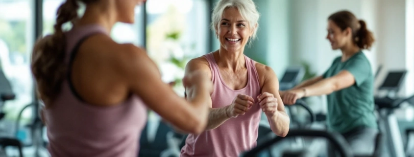 Vrouwen (50+) trainen samen in een uitnodigende fitnessruimte met hydraulische apparatuur in cirkelopstelling. Een coach begeleidt vriendelijk een deelnemer in een warme, paars-groene omgeving.