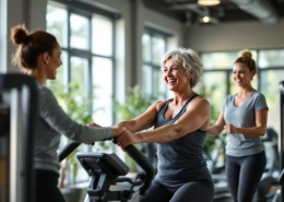 Diverse vrouwen trainen in een lichte, moderne Curves sportschool terwijl een vriendelijke coach begeleiding biedt in een ondersteunende, vrouwengerichte fitnessomgeving.