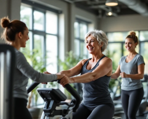 Diverse vrouwen trainen in een lichte, moderne Curves sportschool terwijl een vriendelijke coach begeleiding biedt in een ondersteunende, vrouwengerichte fitnessomgeving.