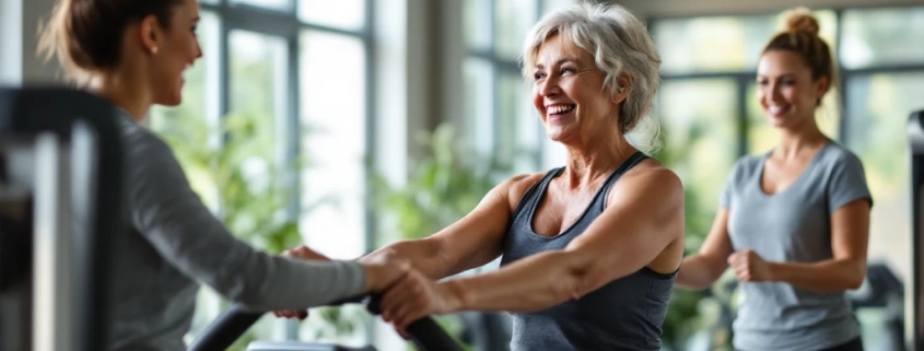Diverse vrouwen trainen in een lichte, moderne Curves sportschool terwijl een vriendelijke coach begeleiding biedt in een ondersteunende, vrouwengerichte fitnessomgeving.
