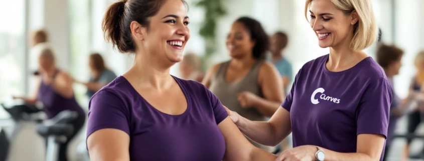 Vrouw van middelbare leeftijd traint zelfverzekerd op hydraulisch apparaat in lichte Curves fitnessruimte, terwijl coach andere vrouwen begeleidt in circuittraining.