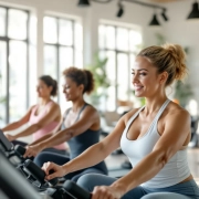 Diverse vrouwen trainen op hydraulische apparaten in een licht vrouwelijke fitnesscentrum met een coach die persoonlijke begeleiding biedt.