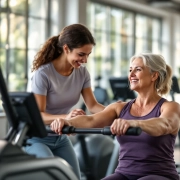 Twee diverse vrouwen trainen bovenlichaam op hydraulische fitnessapparatuur voor vrouwen in een lichte, moderne ruimte, begeleid door een ondersteunende coach.