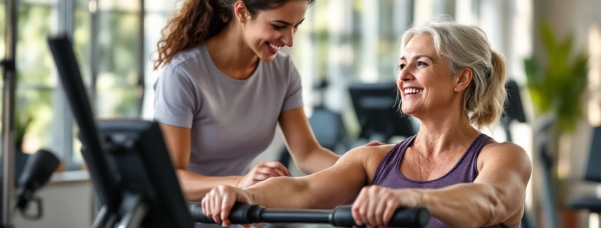Twee diverse vrouwen trainen bovenlichaam op hydraulische fitnessapparatuur voor vrouwen in een lichte, moderne ruimte, begeleid door een ondersteunende coach.