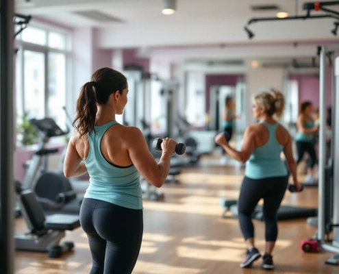 Vrouwelijke fitness studio met hydraulische apparaten in cirkelopstelling waar twee 40-plus vrouwen trainen in een ondersteunende gemeenschap met paarse en turquoise accenten.