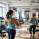 Vrouwelijke fitness studio met hydraulische apparaten in cirkelopstelling waar twee 40-plus vrouwen trainen in een ondersteunende gemeenschap met paarse en turquoise accenten.
