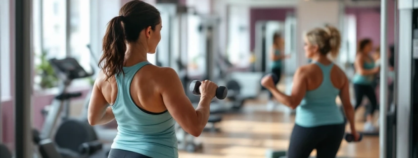 Vrouwelijke fitness studio met hydraulische apparaten in cirkelopstelling waar twee 40-plus vrouwen trainen in een ondersteunende gemeenschap met paarse en turquoise accenten.