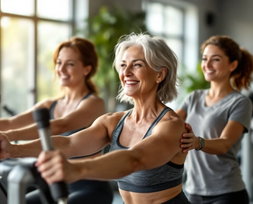 Diverse vrouwen van 40-50 jaar trainen vol zelfvertrouwen op hydraulische apparatuur in een licht fitnesscentrum voor vrouwen, begeleid door een coach.