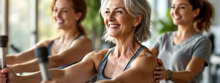 Diverse vrouwen van 40-50 jaar trainen vol zelfvertrouwen op hydraulische apparatuur in een licht fitnesscentrum voor vrouwen, begeleid door een coach.