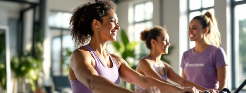 Diverse vrouwen trainen op hydraulische apparatuur in lichte, moderne fitnessruimte voor vrouwen. Coach biedt begeleiding bij 30-minuten circuittraining in ontspannen sfeer.