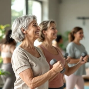 Diverse vrouwen van middelbare leeftijd doen krachttraining met lichte dumbbells in een lichte fitnessstudio, begeleid door een ondersteunende coach in een rustige, positieve sfeer.