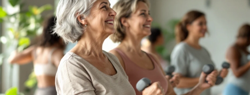 Diverse vrouwen van middelbare leeftijd doen krachttraining met lichte dumbbells in een lichte fitnessstudio, begeleid door een ondersteunende coach in een rustige, positieve sfeer.