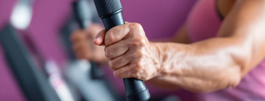 Gespierde arm van een vrouw die een hydraulische weerstandsmachine gebruikt in een Curves fitnesszaal met paarse en roze accenten.