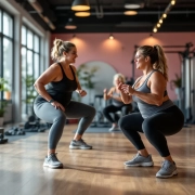 Drie 50+ vrouwen voeren oefeningen uit in een Curves fitnessruimte voor vrouwen, met ondersteunende coach en speciale apparatuur in warme roze-paarse kleuren