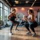 Drie 50+ vrouwen voeren oefeningen uit in een Curves fitnessruimte voor vrouwen, met ondersteunende coach en speciale apparatuur in warme roze-paarse kleuren