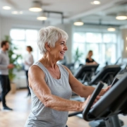 Twee 50+ vrouwen trainen met lichte gewichten in een warme fitnesszaal met paarse accenten, terwijl een coach vriendelijk begeleiding biedt in een veilige, ondersteunende omgeving.