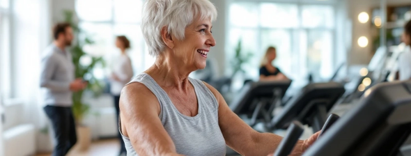 Twee 50+ vrouwen trainen met lichte gewichten in een warme fitnesszaal met paarse accenten, terwijl een coach vriendelijk begeleiding biedt in een veilige, ondersteunende omgeving.