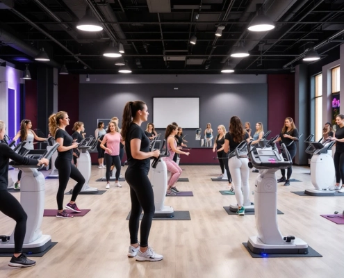 Vrouwelijke fitnessruimte met circulair opgestelde paarse trainingsapparaten waar diverse vrouwen samen trainen in een warme, ondersteunende sfeer.