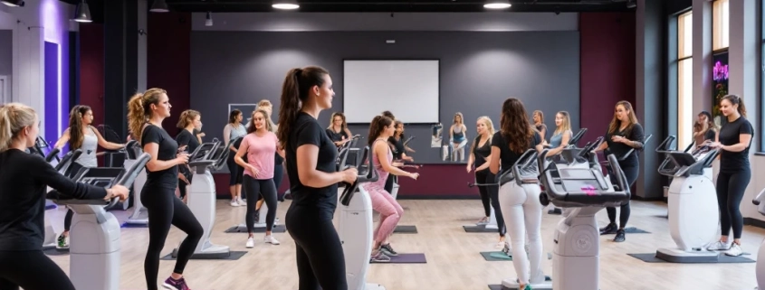 Vrouwelijke fitnessruimte met circulair opgestelde paarse trainingsapparaten waar diverse vrouwen samen trainen in een warme, ondersteunende sfeer.