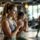 Vrouwen van verschillende leeftijden doen een efficiënte 30-minuten circuittraining op hydraulische fitnessapparatuur in een warme, ondersteunende omgeving met paarse en groene tinten.