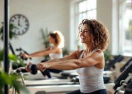 Vrouwen trainen op hydraulische machines in een lichte fitnessstudio voor vrouwen, met coach begeleiding tijdens een 30-minuten circuit.