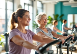 Vrouwen van verschillende leeftijden trainen op hydraulische apparatuur in een lichte Curves sportschool met behulpzame coach.