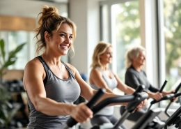 Diverse vrouwen trainen samen in een lichte Curves fitnessstudio, waarbij een coach begeleiding biedt bij het gebruik van hydraulische weerstandsapparatuur in een warme, veilige omgeving.