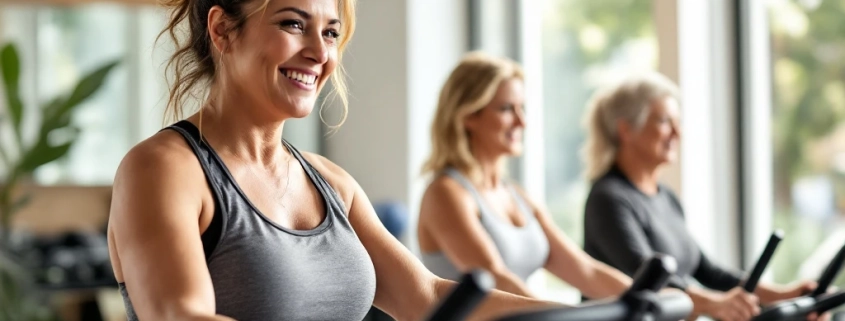 Diverse vrouwen trainen samen in een lichte Curves fitnessstudio, waarbij een coach begeleiding biedt bij het gebruik van hydraulische weerstandsapparatuur in een warme, veilige omgeving.