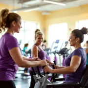 Diverse vrouwen trainen bij Curves fitnesscentrum met paarse hydraulische apparatuur, coach begeleidt lid in lichte, gemeenschappelijke ruimte