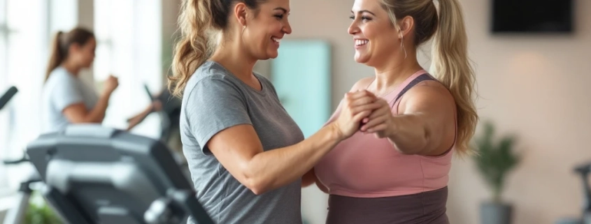 Vrouwen trainen samen op hydraulische apparatuur in een cirkelvormige Curves-fitnessruimte, begeleid door een coach in een warme, uitnodigende omgeving met paarse accenten.