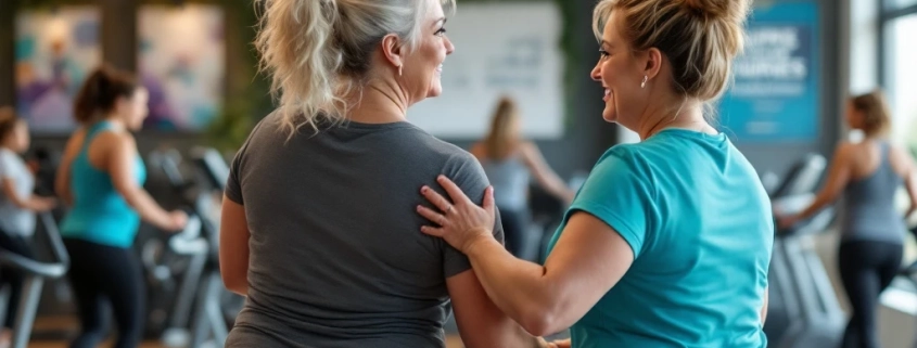 Twee 50+ vrouwen trainen op hydraulische apparatuur in een Curves fitnesszaal, begeleid door een vriendelijke coach in ondersteunende sfeer.