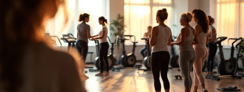 Vrouwen van diverse leeftijden trainen aan hydraulische fitnessapparaten in een rustige, vrouwvriendelijke sportschool met zachte verlichting.