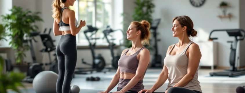 Drie vrouwen (40+, 50+) doen krachttraining op paarse fitnessmatten onder begeleiding van een coach in een lichte, ruime fitnesszaal speciaal voor vrouwen met hydraulische apparatuur.