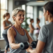 50+ vrouw traint met lichte gewichten in moderne fitnessruimte terwijl een coach haar begeleidt. Diverse vrouwen oefenen op hydraulische apparatuur in een warme, uitnodigende sfeer.
