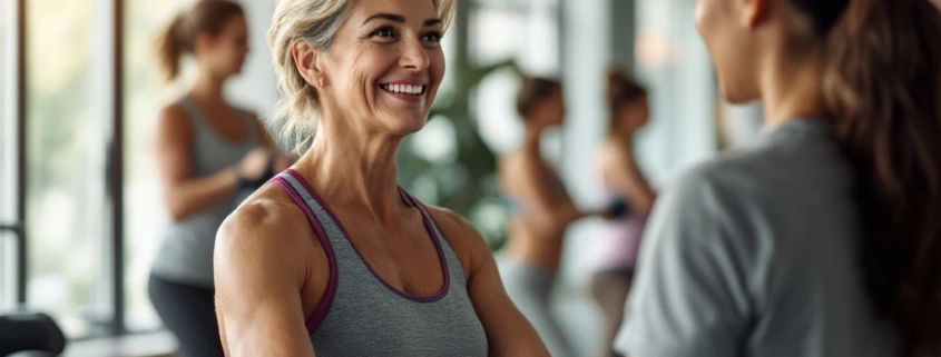50+ vrouw traint met lichte gewichten in moderne fitnessruimte terwijl een coach haar begeleidt. Diverse vrouwen oefenen op hydraulische apparatuur in een warme, uitnodigende sfeer.
