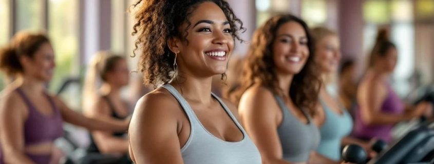 Diverse vrouwen trainen samen op hydraulische fitnessapparatuur in moderne Curves sportschool met natuurlijk licht
